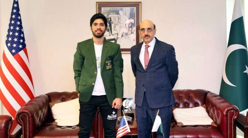 World Junior Champion Ahsan Ayaz gets felicitations from Masood Khan on his success
